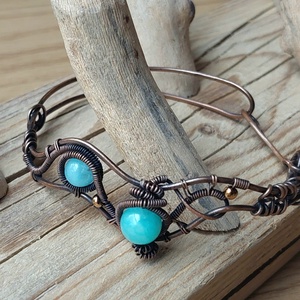 Vörösréz karkötő kék jáde és achát ásvánnyal - ékszer - karkötő - széles karkötő - Meska.hu