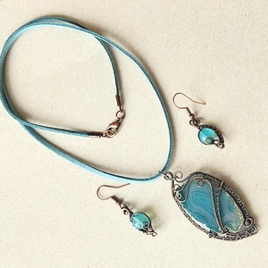 Vörösréz szett kék achát ásvánnyal - Meska.hu