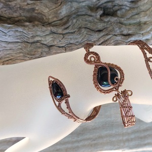 Dupla vörösréz karkötő ónix és fekete achát ásványokkal - ékszer - karkötő - karperec - Meska.hu