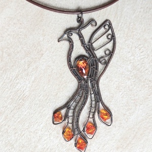 Vörösréz főnix madár nyaklánc swarovski kristályokkal, Ékszer, Nyaklánc, Medálos nyaklánc, Ékszerkészítés, MESKA