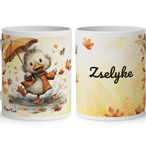 Névvel kérhető - Cuki őszi esernyős kiskacsa mintás bögre - Meska.hu