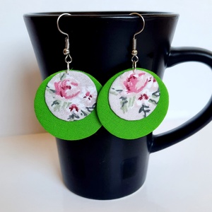 Zöld virágos textilfülbevaló, Ékszer, Fülbevaló, Karika fülbevaló, Ékszerkészítés, MESKA