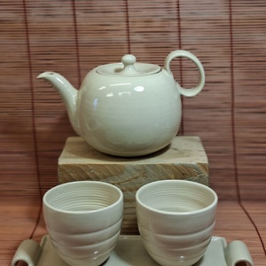 Teaskanna, kettő pohárral és tálcával  - otthon & életmód - konyhafelszerelés, tálalás - konyhai tárolás - tea & kávé tárolás - Meska.hu