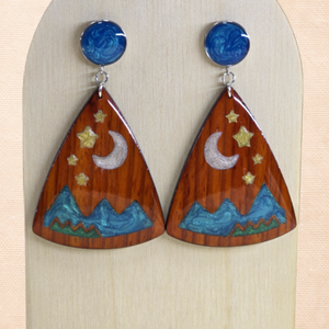 Csillagos éjszaka � rózsafa statement fülbevaló, Ékszer, Fülbevaló, Lógó csepp fülbevaló, Ékszerkészítés, Famegmunkálás, MESKA