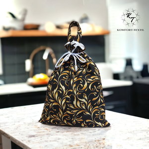 Frissentartó kenyeres zsák, fekete alapon arany indák mintával, vastag vászonból (31 cm x 39 cm), Táska & Tok, Bevásárlás & Shopper táska, Kenyeres zsák, Varrás, Meska