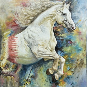 Konstantin Pál: fehér ló modern nagyméretű olajfestmény vásznon, oldalt festve, Művészet, Festmény, Olajfestmény, Festészet, MESKA