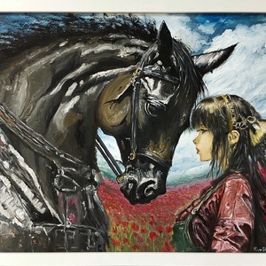 Konstantin Pál: Lány lóval pipacsmezőn modern olajfestmény faroston, fehér fa keretben - Meska.hu