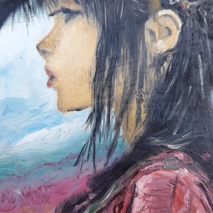 Konstantin Pál: Lány lóval pipacsmezőn modern olajfestmény faroston, fehér fa keretben - művészet - festmény - olajfestmény - Meska.hu