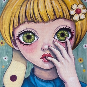 Konstantin Pál: lány modern nagyméretű olajfestmény faroston, zöld keretben - Meska.hu