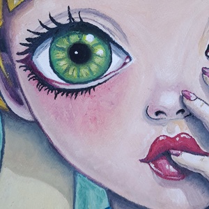 Konstantin Pál: lány modern nagyméretű olajfestmény faroston, zöld keretben - művészet - festmény - olajfestmény - Meska.hu