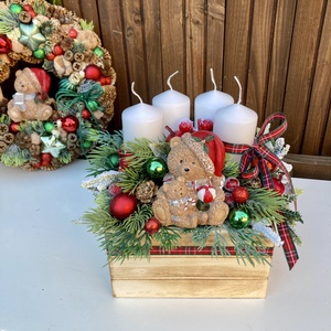 Adventi koszorú macis, Karácsony, Adventi díszek, Adventi koszorú, Virágkötés, MESKA