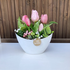Tulipános asztaldísz 25 cm , Otthon & Életmód, Virágdekoráció, Virágdíszek, Virágdísz kaspóban, Virágkötés, MESKA
