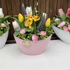 Tulipános asztaldísz 20 cm , Otthon & Életmód, Virágdekoráció, Virágdíszek, Virágdísz kaspóban, Virágkötés, MESKA