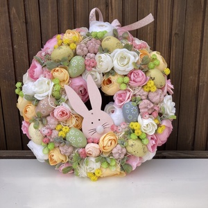 Nyuszis húsvéti ajtódísz , Ünnepi díszek, dekorációk, Húsvéti díszek és dekorációk, Húsvéti ajtódísz, kopogtató, Virágkötés, MESKA