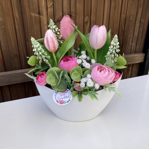 Nőnapi Tulipános asztaldísz, Otthon & Életmód, Virágdekoráció, Virágdíszek, Virágdísz kaspóban, Virágkötés, MESKA