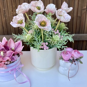 Anyák napi pipacsos asztaldísz - otthon & életmód - virágdekoráció - virágdíszek - virágdísz kaspóban - Meska.hu