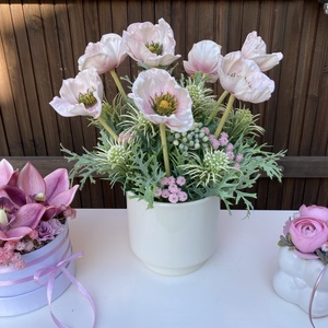 Anyák napi pipacsos asztaldísz, Otthon & Életmód, Virágdekoráció, Virágdíszek, Virágdísz kaspóban, Virágkötés, MESKA