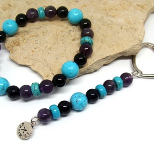 Ásvány karkötő nyilas jegyű hölgyeknek+ horoszkópos kulcstartó, türkinit, ametiszt, achát - ékszer - karkötő - gyöngyös karkötő - Meska.hu
