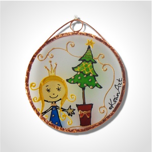 Királylány karácsonyfával - Üvegfestmény, karácsonyfadísz vagy hűtőmágnes, mágnes - Meska.hu