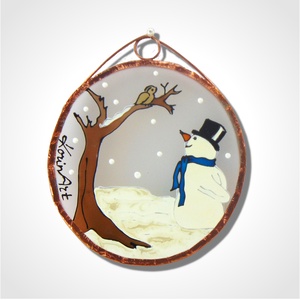 Hóember madárkával - Üvegfestmény, Karácsonyfadísz vagy hűtőmágnes, mágnes, Karácsony, Karácsonyi lakásdekoráció, Karácsonyfadíszek, Festett tárgyak, Üvegművészet, MESKA