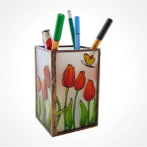 Tulipán mintás ceruzatartó , Otthon & Életmód, Tárolás & Rendszerezés, Íróasztali tároló, Üvegművészet, Festett tárgyak, MESKA