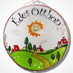 Tanyás Édes otthon, Üvegkép, üvegfestmény, Otthon & Életmód, Dekoráció, Ajtó- és ablak dekoráció, Ajtódísz & Kopogtató, Festett tárgyak, Üvegművészet, MESKA