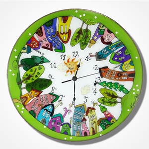Részeg házak falióra - üvegre festett óra - otthon & életmód - dekoráció - fali és függő dekoráció - falióra & óra - Meska.hu