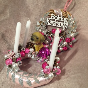 Rózsaszín kutyás adventi szett, Karácsony, Adventi díszek, Adventi koszorú, Virágkötés, MESKA