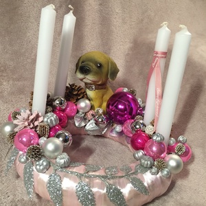 Rózsaszín kutyás adventi szett - karácsony - adventi díszek - adventi koszorú - Meska.hu
