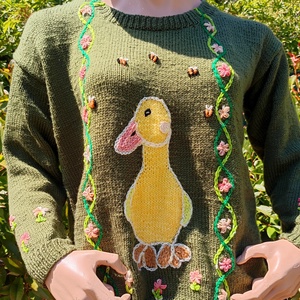 Kis kacsás egyedi kézzel kötött oversize pulóver, Ruha & Divat, Női ruha, Pulóver, Hímzés, Kötés, MESKA