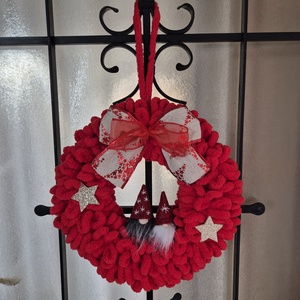 Karácsonyi ajtódísz piros, Karácsony, Karácsonyi lakásdekoráció, Karácsonyi ajtódíszek, Kötés, MESKA