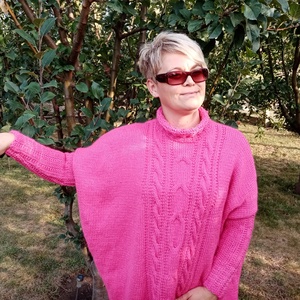 Kézzel kötött tunika, pink  L-XL - ruha & divat - női ruha - tunika - Meska.hu