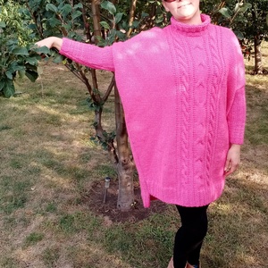 Kézzel kötött tunika, pink  L-XL - ruha & divat - női ruha - tunika - Meska.hu