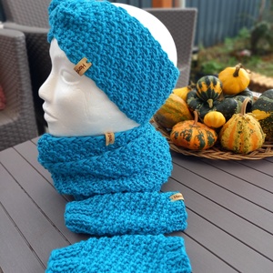 Turkiz kék női szett fülmelegítő, körsál, kézmelegítő , Ruha & Divat, Sál, Sapka, Kendő, Vállkendő, Kötés, MESKA