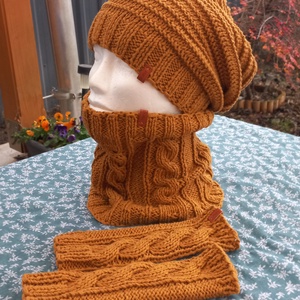 Okker Sárga  női szett sapka, Csősál, kézmelegítő  - Meska.hu