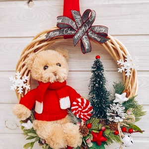 Téli kopogtató plüssmacival, Karácsony, Karácsonyi lakásdekoráció, Karácsonyi ajtódíszek, , MESKA