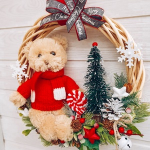 Téli kopogtató plüssmacival - karácsony - karácsonyi lakásdekoráció - karácsonyi ajtódíszek - Meska.hu