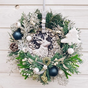 Szarvasos fenyőkoszorú - téli kopogtató, Karácsony, Karácsonyi lakásdekoráció, Karácsonyi ajtódíszek, , MESKA