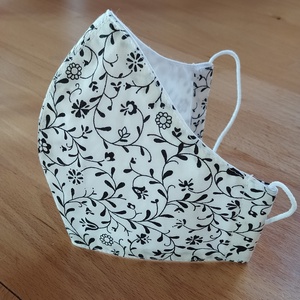 Akció! Textil szájmaszk - fehér alapon fekete virágmintás 1, - női és tini méretben  - női - női - Meska.hu
