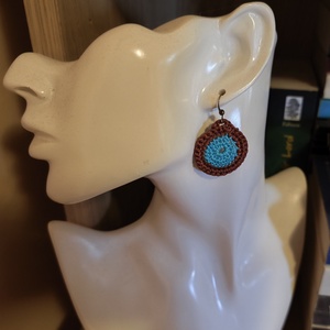 Horgolt türkiz-barna korong fülbevaló , Ékszer, Fülbevaló, Lógó fülbevaló, Horgolás, MESKA