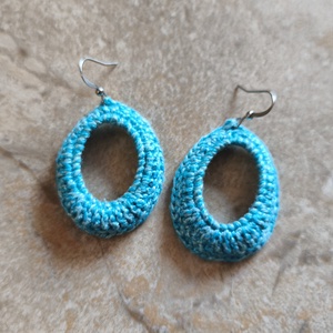 Horgolt ovális türkiz fülbevaló , Ékszer, Fülbevaló, Lógó fülbevaló, Horgolás, MESKA