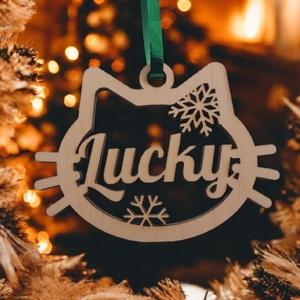 Egyedi cica fej formájú karácsonyfadísz  cicád nevével, Karácsony, Karácsonyi lakásdekoráció, Karácsonyfadíszek, Famegmunkálás, Gravírozás, pirográfia, MESKA