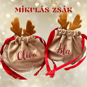 Bársony rénszarvasos mikulás zsák - névre szóló, feliratozott, neves - Meska.hu