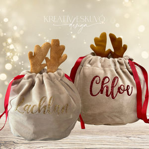 Bársony rénszarvasos mikulás zsák - névre szóló, feliratozott, neves - karácsony - mikulás - mikulás zsák - Meska.hu