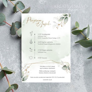 Greenery geometrikus esküvői meghívó - zöld leveles - arany - menetrend - esküvő - meghívó & kártya - meghívó - Meska.hu