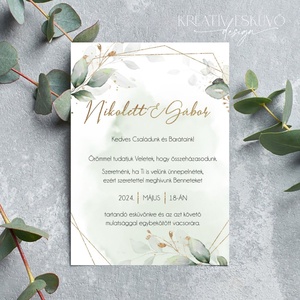 Greenery geometrikus esküvői meghívó - zöld leveles - arany - menetrend - Meska.hu