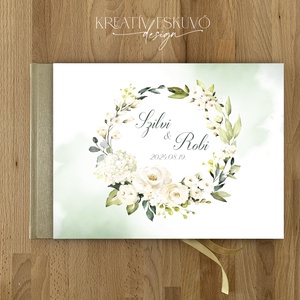 Greenery, zöld, fehér virágos, rózsás, leveles esküvői vendégkönyv, fotókönyv - Meska.hu