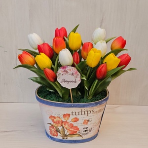 Tulipán háncs kaspóban, Otthon & Életmód, Dekoráció, Asztal és polc dekoráció, Asztaldísz, Virágkötés, MESKA