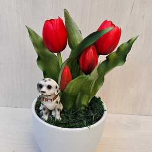 Tulipán kerámia kaspóban Dalmata kutyussal, Otthon & Életmód, Dekoráció, Asztal és polc dekoráció, Asztaldísz, Virágkötés, MESKA