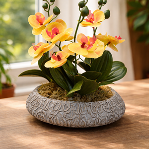 Sárga orchideák kőtálban, Otthon & Életmód, Virágdekoráció, Virágdíszek, Asztali virágdísz, Virágkötés, MESKA